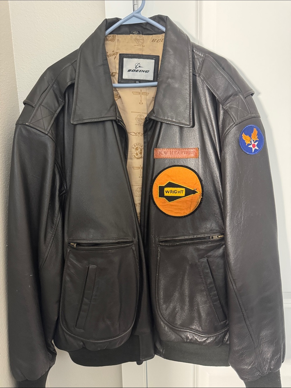 Vintage Boeing 100% Leather Aviation Bomber Jacket Patches